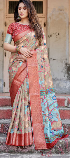 Red and Maroon color Saree in Tussar Silk fabric with Floral, Printed, Weaving work