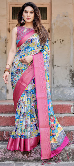 Pink and Majenta color Saree in Tussar Silk fabric with Floral, Printed, Weaving work