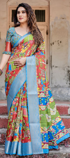 Blue color Saree in Tussar Silk fabric with Floral, Printed, Weaving work