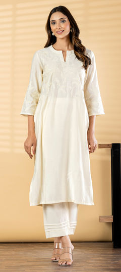 White and Off White color Salwar Kameez in Roman Silk fabric with Embroidered, Resham, Thread work