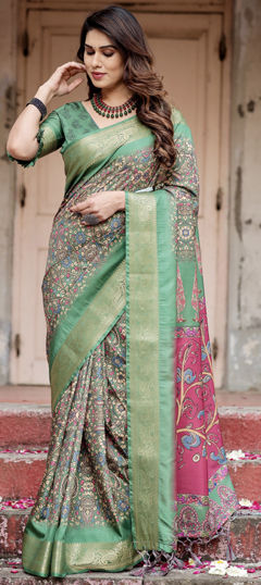 Green color Saree in Tussar Silk fabric with Printed, Weaving work