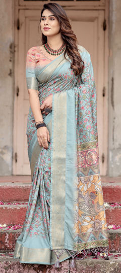 Silver color Saree in Tussar Silk fabric with Printed, Weaving work