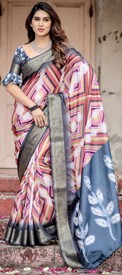 Blue color Saree in Tussar Silk fabric with Printed, Weaving work