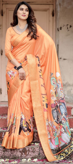 Orange color Saree in Tussar Silk fabric with Printed, Weaving work