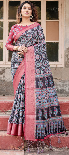 Pink and Majenta color Saree in Tussar Silk fabric with Printed, Weaving work