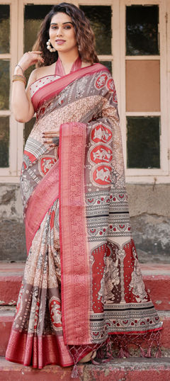 Red and Maroon color Saree in Tussar Silk fabric with Printed, Weaving work