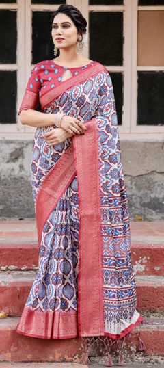 Red and Maroon color Saree in Tussar Silk fabric with Printed, Weaving work