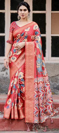 Orange color Saree in Tussar Silk fabric with Printed, Weaving work