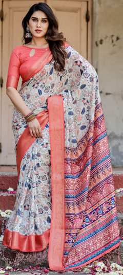 Orange color Saree in Tussar Silk fabric with Floral, Printed, Weaving work