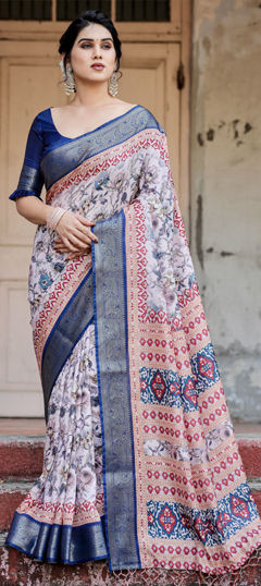 Blue color Saree in Tussar Silk fabric with Floral, Printed, Weaving work