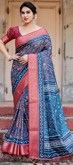 Red and Maroon color Saree in Tussar Silk fabric with Floral, Printed, Weaving work