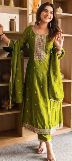 Green color Salwar Kameez in Silk fabric with Embroidered, Thread work