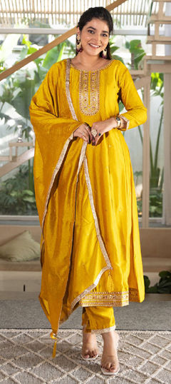 Yellow color Salwar Kameez in Silk fabric with Embroidered, Thread work