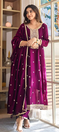 Purple and Violet color Salwar Kameez in Silk fabric with Embroidered, Thread work