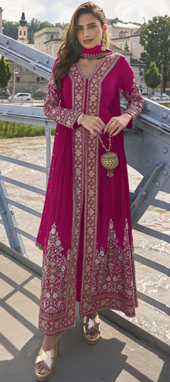 Pink and Majenta color Salwar Kameez in Chinon Silk fabric with Embroidered, Sequence, Thread work