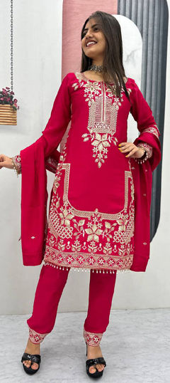 Pink and Majenta color Salwar Kameez in Chinon Silk fabric with Embroidered, Sequence, Thread, Zari work