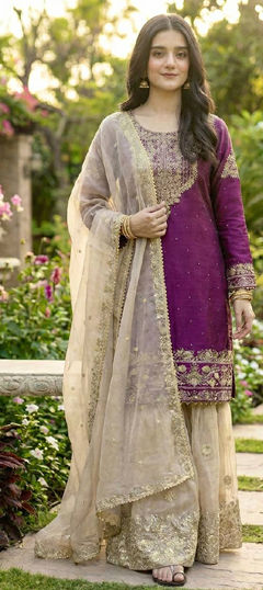 Pink and Majenta color Salwar Kameez in Chinon Silk fabric with Embroidered, Moti work