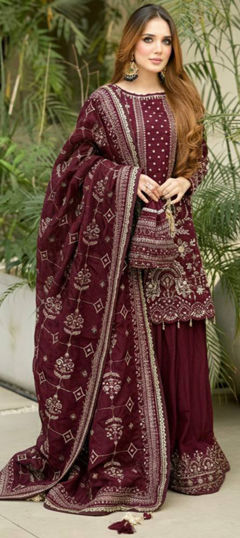 Red and Maroon color Salwar Kameez in Faux Georgette fabric with Embroidered, Sequence, Thread, Zari work