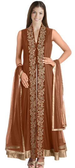 Beige and Brown color Salwar Kameez in Net fabric with Embroidered, Sequence, Thread work