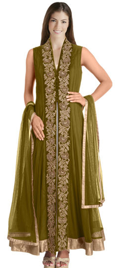 Green color Salwar Kameez in Net fabric with Embroidered, Sequence, Thread work