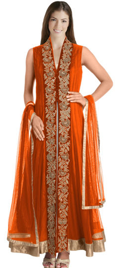 Orange color Salwar Kameez in Net fabric with Embroidered, Sequence, Thread work