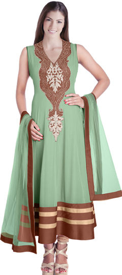 Green color Salwar Kameez in Georgette fabric with Bugle Beads, Embroidered work
