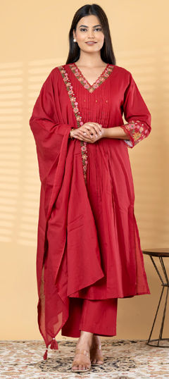 Red and Maroon color Salwar Kameez in Cotton fabric with Bugle Beads, Embroidered, Resham, Thread work