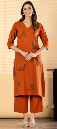 Beige and Brown color Salwar Kameez in Cotton Flex fabric with Embroidered, Resham, Sequence, Thread work