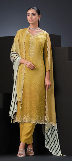 Yellow color Salwar Kameez in Satin Silk fabric with Stone, Swarovski work