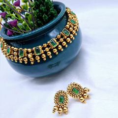 Gold Rodium Polish Green color Necklace in Metal Alloy studded with Beads, CZ Diamond