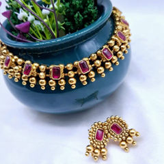 Gold Rodium Polish Pink and Majenta color Necklace in Metal Alloy studded with Beads, CZ Diamond