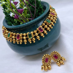 Gold Rodium Polish Green, Red and Maroon color Necklace in Metal Alloy studded with Beads, CZ Diamond