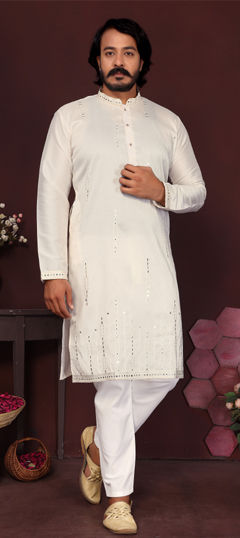 White and Off White color Kurta Pyjamas in Silk fabric with Embroidered, Mirror work