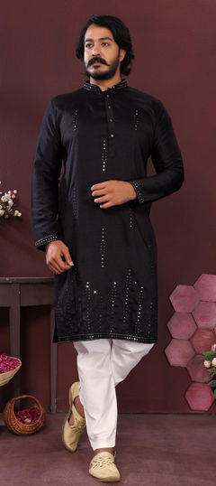 Black and Grey color Kurta Pyjamas in Silk fabric with Embroidered, Mirror work