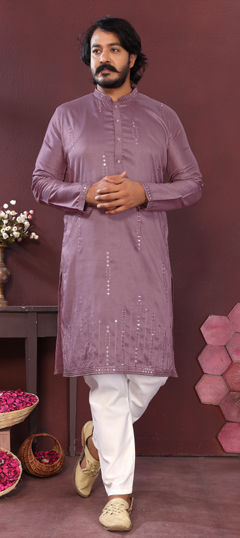 Pink and Majenta color Kurta Pyjamas in Silk fabric with Embroidered, Mirror work