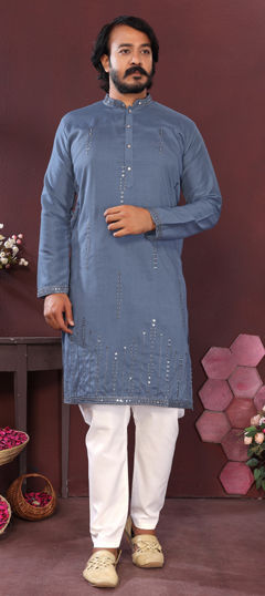 Black and Grey color Kurta Pyjamas in Silk fabric with Embroidered, Mirror work