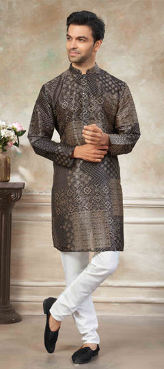 Beige and Brown color Kurta Pyjamas in Premium Silk fabric with Digital Print work