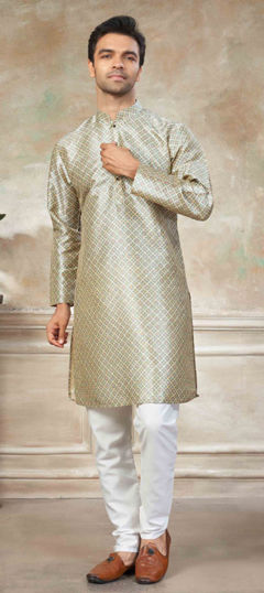 Beige and Brown color Kurta Pyjamas in Premium Silk fabric with Digital Print work