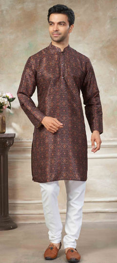 Beige and Brown color Kurta Pyjamas in Premium Silk fabric with Digital Print work