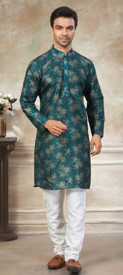 Blue color Kurta Pyjamas in Premium Silk fabric with Digital Print work