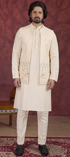 Beige and Brown color Kurta Pyjama with Jacket in Art Silk fabric with Embroidered work