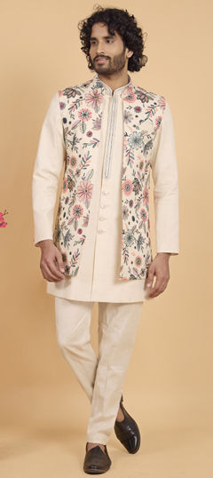 White and Off White color Kurta Pyjama with Jacket in Art Silk fabric with Embroidered work