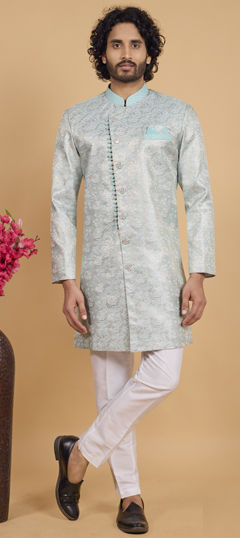 Green color IndoWestern Dress in Banarasi Silk, Jacquard fabric with Embroidered work