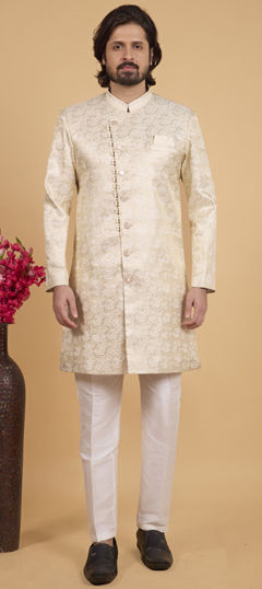 Gold color IndoWestern Dress in Art Silk fabric with Embroidered work