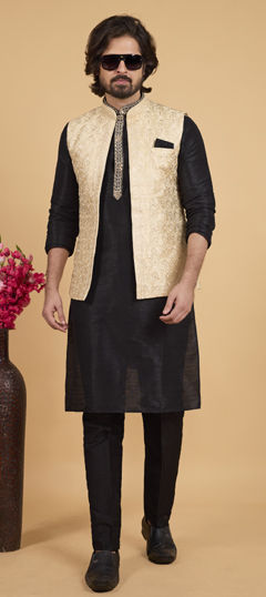 Beige and Brown color Kurta Pyjama with Jacket in Art Silk fabric with Embroidered work