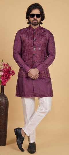 Purple and Violet color Kurta Pyjama with Jacket in Art Silk fabric with Embroidered work