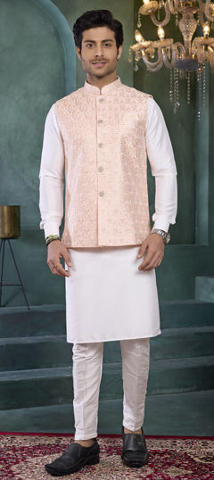 Pink and Majenta color Kurta Pyjama with Jacket in Art Silk fabric with Embroidered work