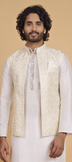 Beige and Brown color Nehru Jacket in Art Silk fabric with Embroidered work