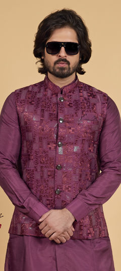 Purple and Violet color Nehru Jacket in Art Silk fabric with Embroidered work