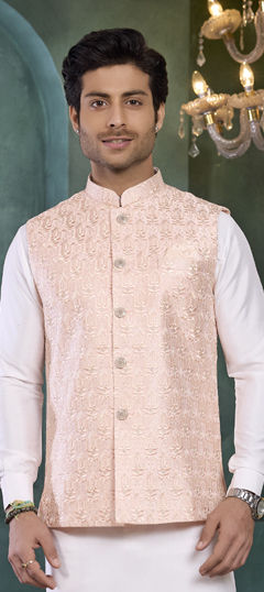 Pink and Majenta color Nehru Jacket in Art Silk fabric with Embroidered work